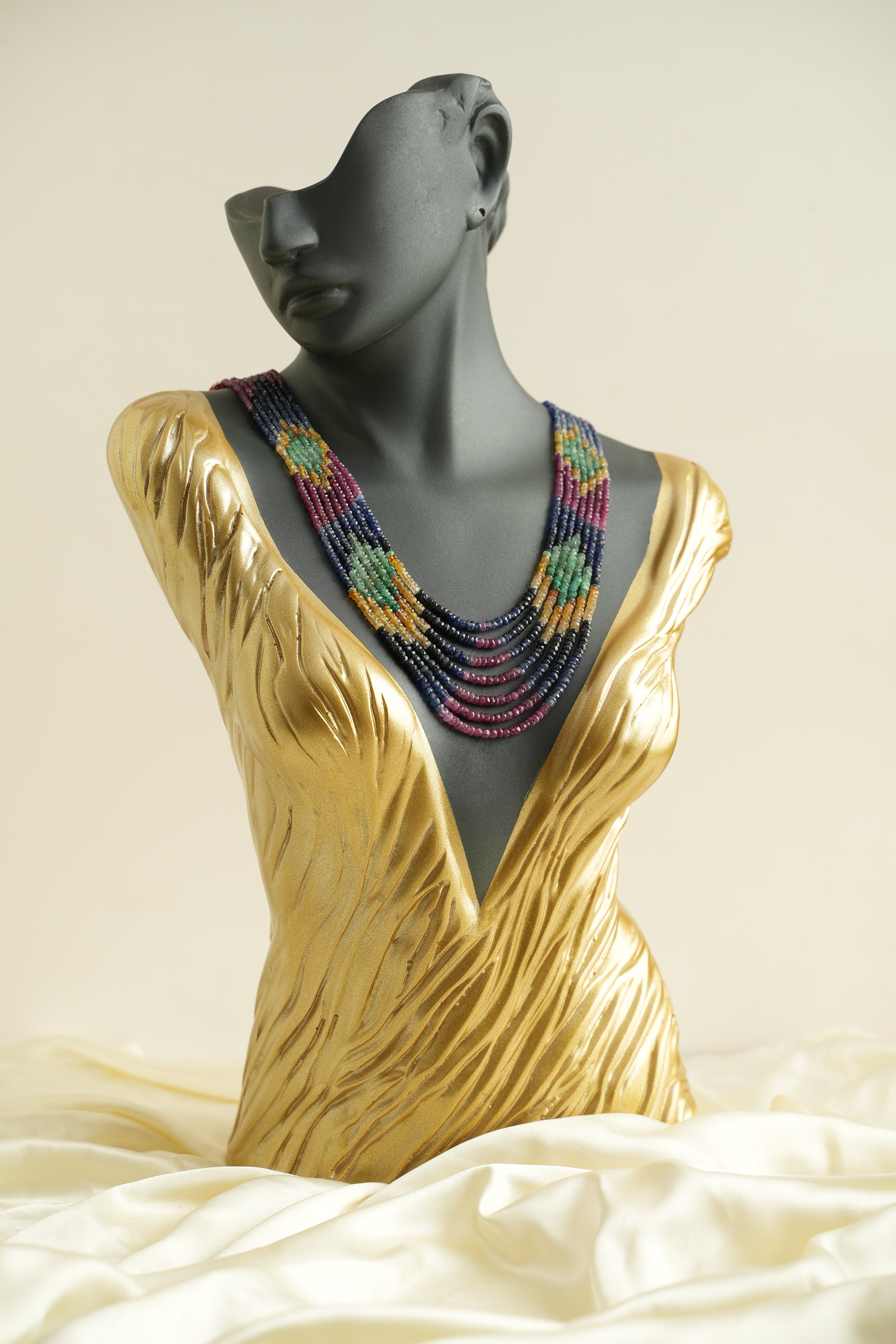 7 SIRALI DOĞAL TAŞ YAKUT ZÜMRÜT SAFİR KOLYE - DGLTS 101